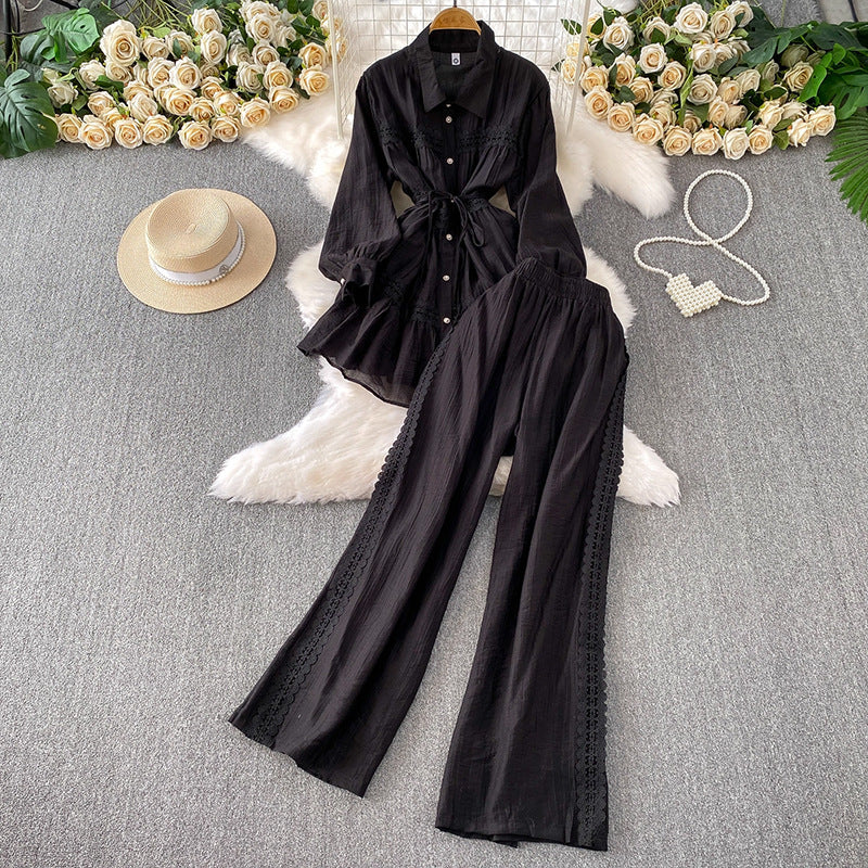 Gentle-Wind Pink Lace Spliced Lap-Over Shirt Long-Lens Waist Coat Two Sets Of High-Rise Thin Leg Pants