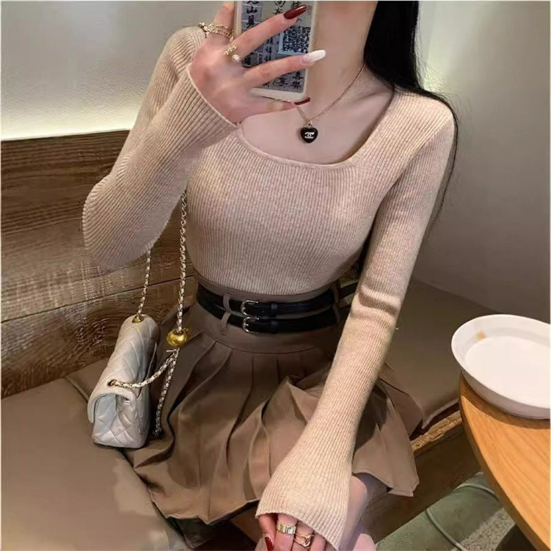 KANING Knitted Bottom Sweater Women's Autumn And Winter 2026 New Body Repair Collar Long Sleeves Short Female Top