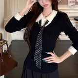 KANING Collisory Stitching Two Knitted Shirts 2026 Autumn And Winter New Polo Silk Scarf With Sweater Top
