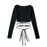 Roal Tie With Jersey Long-Sleeved Women's Clothing 2025 New Solid Color Round Collar T-Shirt Girl
