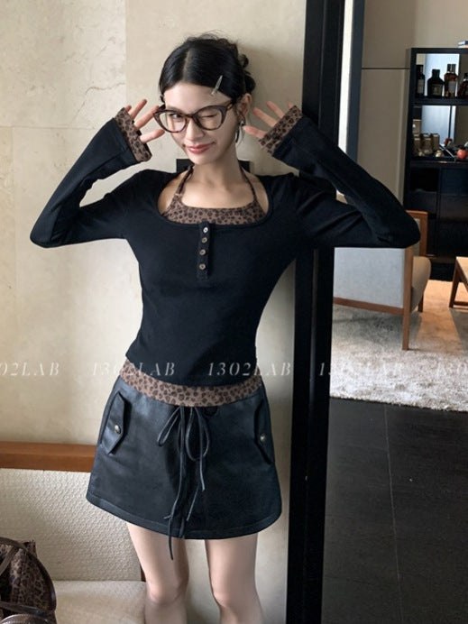 Vintage Sweet And Spicy Sexy Leopard Splicing Fake Two Hanging Neck Long Sleeve Bottom Slim Slim Top T-Shirt