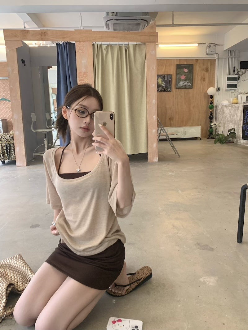 Korean Gray High-End Feeling Loose Thin Short-Sleeved T-Shirts In Summer Pure Desire Design Small Small Top