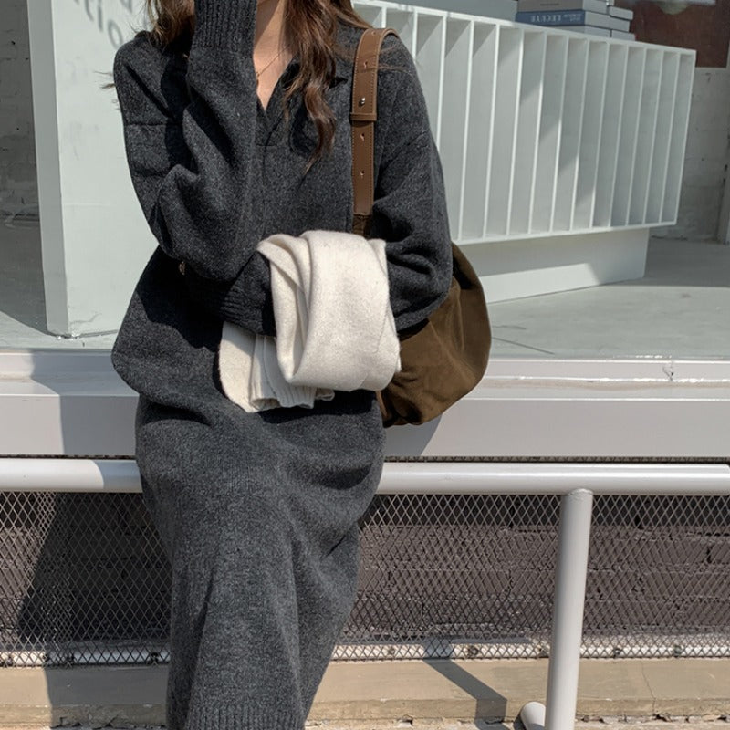 KANING College Wind Polo Collar Skirt Knitted Long Dress Women 2026 Autumn New Knitted Dress