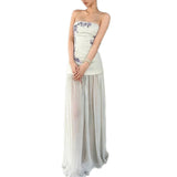 White Embroidery Dress Sexy Wind Mesh Splicing Bra Dress Women Summer Repair Height And Waist-Bosing Long Skirt