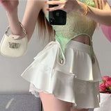 Lace Splicing With Half-Dress Lady Summer High Waist Thin A Word Ponmp Short Skirt Sweet Spicy Folded Skirt