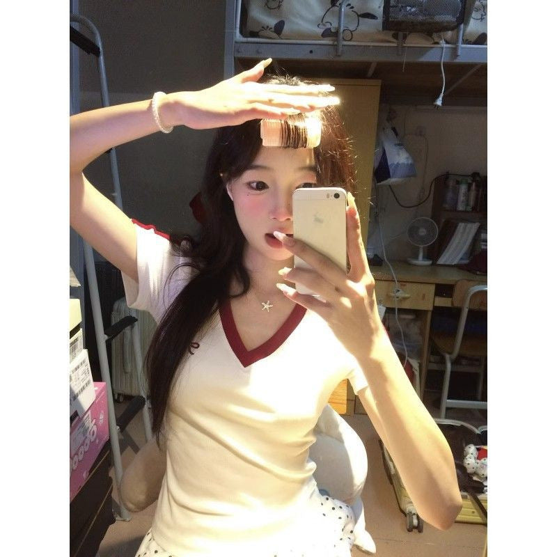 Mordell's New Summer Collared Hottie Short-Sleeved Bow Embroidered With Pure-Want T-Shirt