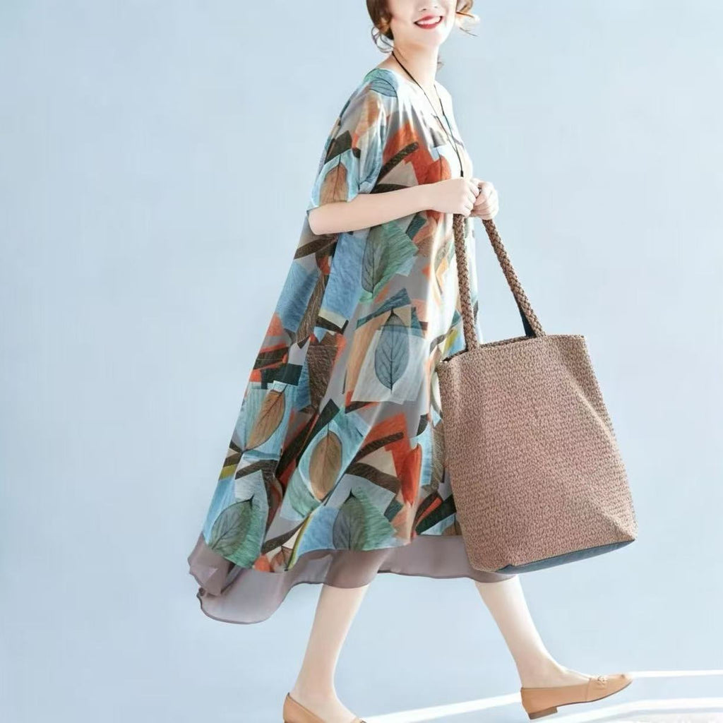 Chiffon Crash Dress Summer New Large Size Women's Fat Mm Loose Belly Middle-Native Mother Casual Dress