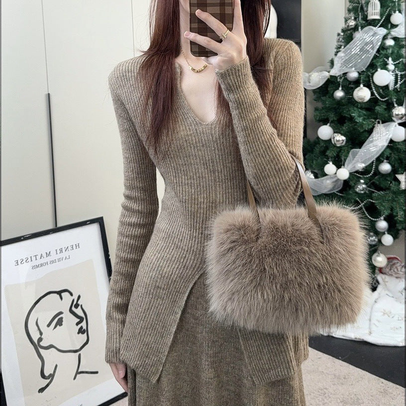 KANING Elegant Open Fork Bottom Sweater Half-Dress Two Sets 2026 Autumn New Fashion Knitting Suit Woman