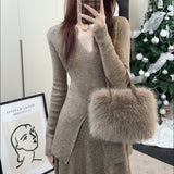 KANING Elegant Open Fork Bottom Sweater Half-Dress Two Sets 2026 Autumn New Fashion Knitting Suit Woman
