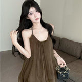 Solidly Colored Bare Shoulder With Back Hanging Neck With Dress Women's Summer Vacation Net Folded Loose Flower Skirt Skirt