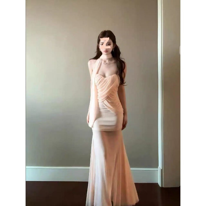 Pure Lustrous Gentle Bare-Colored Mesh Dress Female High-End Temperament Vacation Fishtail Ass And Hip Dress
