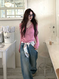 Pink Half-Neck Shoulder Long-Sleeved T-Shirt Girl Autumn Body Set Bottom Henry Shirt High-End Temperament Blouse