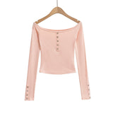 Pure-Style Hottie Button Word Shoulder Long-Sleeved T-Shirt Short Note Collared Sexy Bottom Shirt Wear