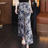 Ice Silk Print Creased Broad Leg Pants Women Summer Thin New Loose Waist Loose Nine-Point Leisure Straight Long Trousers