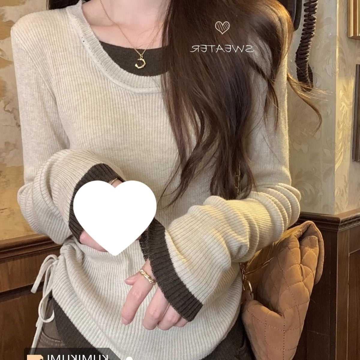 Fake Two Drawstrings Folded Long-Sleeved Women Early Autumn New Thin Design Top