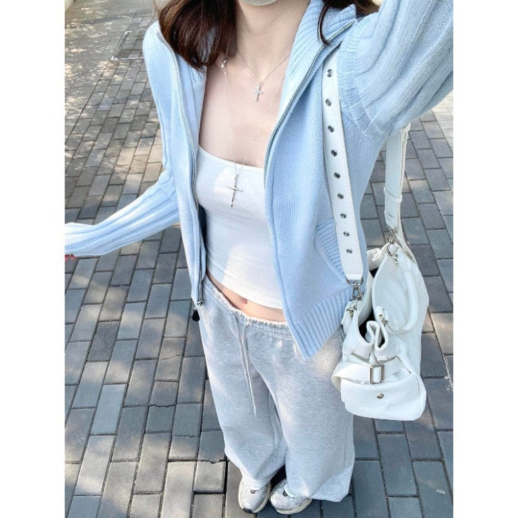 Blue Collar Zipper Knitted Shirt Jacket Women 2026 Spring New High-End Feel Repair Sweater Top Women