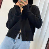 Double Zipper Hooded Sweater Coat Women Autumn And Winter New Gentle Wind Showing Thin Aging Temperament Short Knitted Cardigan Woman