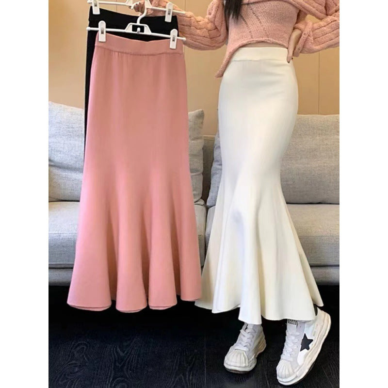 Knitted Half-Dress Girl's Long-Term Height Waist Thin Ass Skirt Autumn And Winter New A-Word Fishtail Skirt