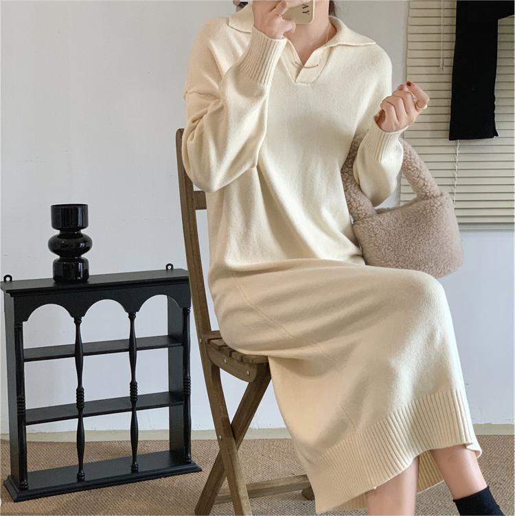 KANING College Wind Polo Collar Skirt Knitted Long Dress Women 2026 Autumn New Knitted Dress