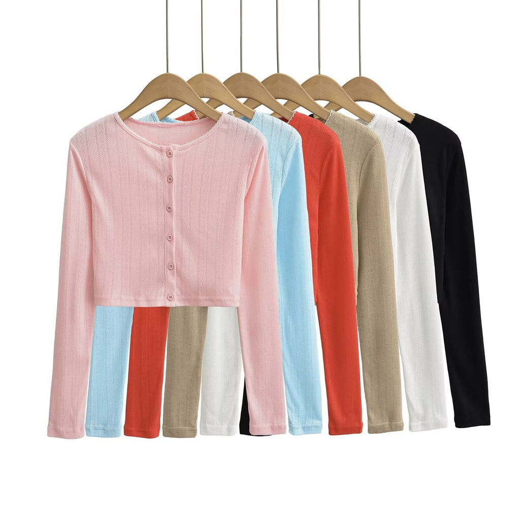 Summer Buckle Thin Coat Round Neck Long Sleeve Open Shirt Short Coat Sunscreen Air Conditioning Fashion Thin