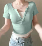 2026 Summer New Simple Pure Lust Fresh Sweet V Collar Two Short-Sleeved T-Shirt Ribs Tudy Ester