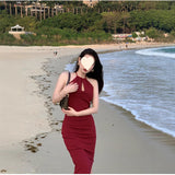 Black Hanging Neck Sexy Out-Shoulder Dress Repair Pocket-Length Dress Small Black Dress
