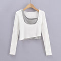 INS Spring/Autumn Irregular Colleal Slammed Two-Sleeved Set Of Women's U-Neck Solid Colored Long Sleeved T-Shirt