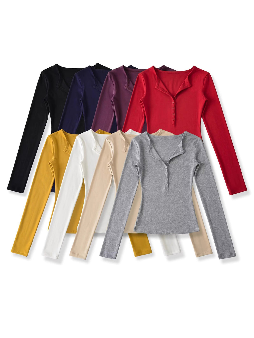 V-Neck Button Long-Sleeved T-Shirt V Collar Slimming Top New