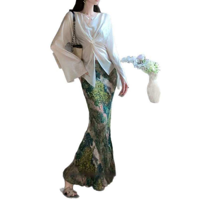 Summer Shirt Long Sleeve Cross-Tling High-Grade Texture Acetic Acid Thin Coat Dress Suit Woman