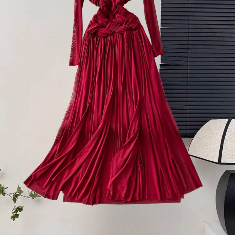 Design Pressure Folded Waist Thin Temperament Light Style Women's Spring New French Dress Long Folded Dress