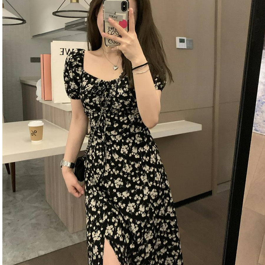 2025 New Veee Romantic Night Rose Black Fragum Bubble Sleeves French-Collared Open Skirt