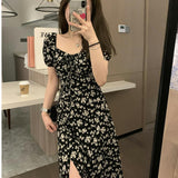 2025 New Veee Romantic Night Rose Black Fragum Bubble Sleeves French-Collared Open Skirt