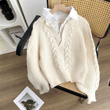 Sweater Autumn And Winter Splicing Women's Shirt Wearing Design Sense Of A Small Collar Loose Jasmine Knitted Shirt Two