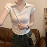 Hottie Sexy Slimming Shoulder T-Shirt Girl Short Sleeve Design Irregular Folds Short Polo Shirt Top