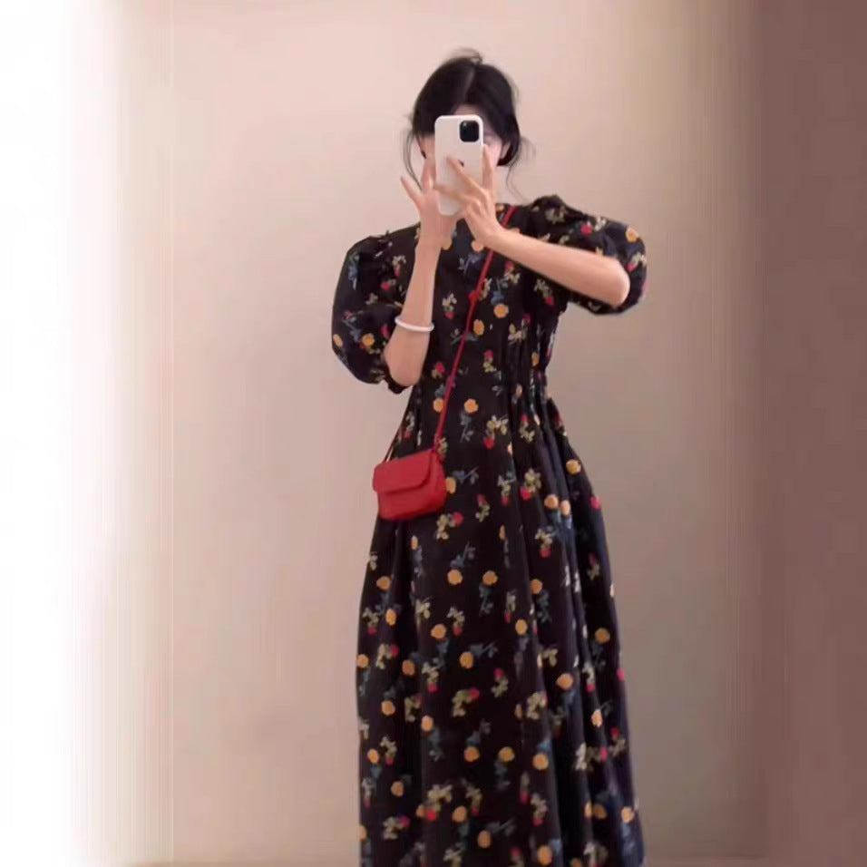 French Retro Black Collar Bubble Sleeve Shirt Dress Summer Waist Swing A Word Holiday Dress Woman