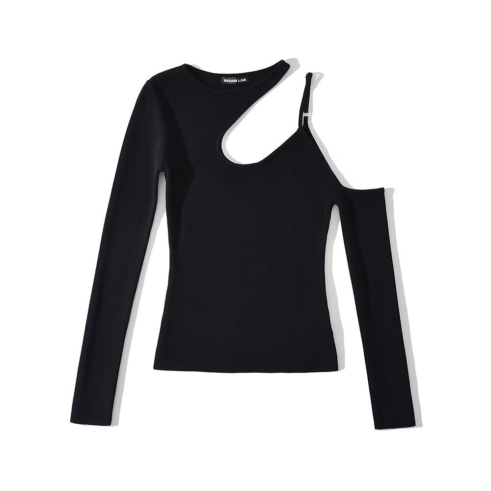 Autumn New Hottie Irregular Neck Hanging Neck Knitted Shirt Women's Single Shoulder Solid Color Knitting Top