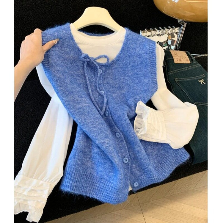 3.5/New In Spring XUAN XIAO JIE Gentle Wind Tie Knitted Vest Cardigan Woman