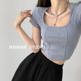 2026 Summer Design Sense Collar Short-Sleeved T-Shirt Women's Fish Bone Line T-Shirt Umbilly Umbilly Short Floral Blouse
