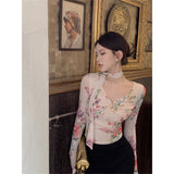 Fashion Sexy Hottie Retro Broken Flower Long-Sleeved T-Shirt Girl Winter New Slim Slim Short Top Tide