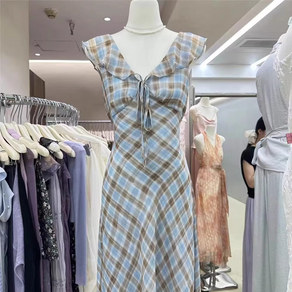 2025 New Summer French Elegant Temperament Gentle Lotus Leaf Side Check Dress Women Summer Slim Down Age Dress