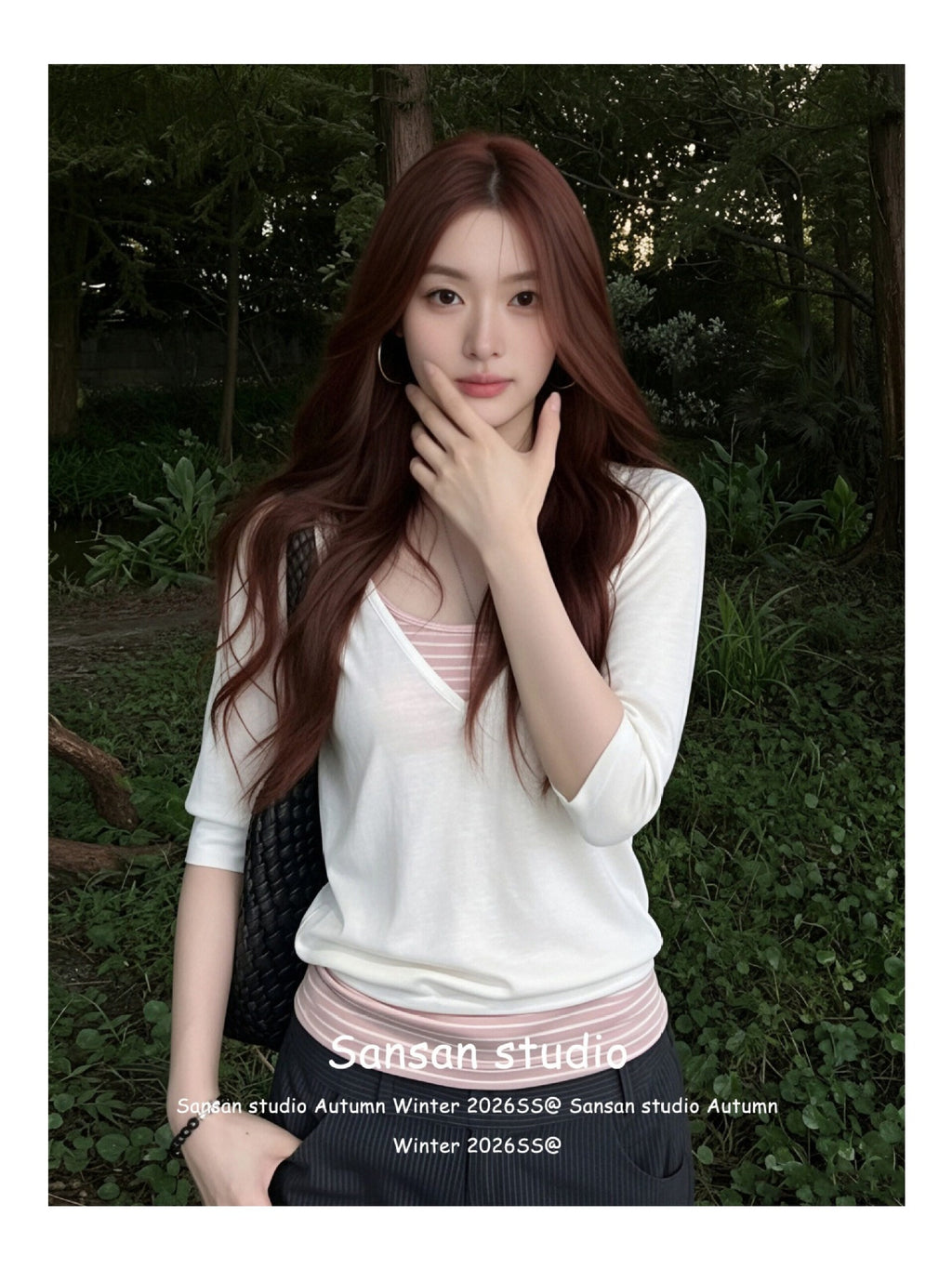 Middle-Sleeved T-Shirt Women's Two-Piece Summer Striped Sling Vest With Short-Sleeved Top