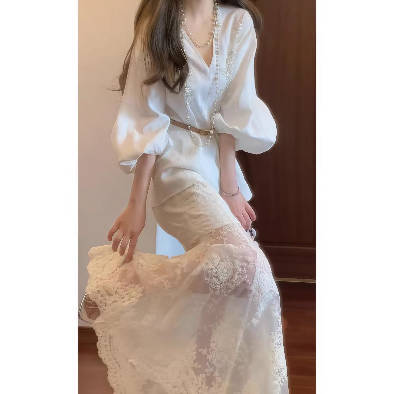 2025 Autumn Retro New Chinese Style Giant V-Neck Lantern Sleeve Top & Net Yarn Fishtail Skirt Suit