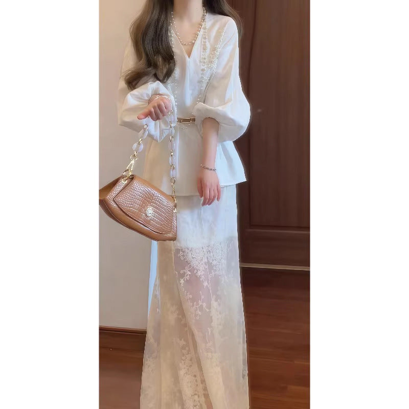 2025 Autumn Retro New Chinese Style Giant V-Neck Lantern Sleeve Top & Net Yarn Fishtail Skirt Suit