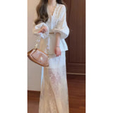 2025 Autumn Retro New Chinese Style Giant V-Neck Lantern Sleeve Top & Net Yarn Fishtail Skirt Suit