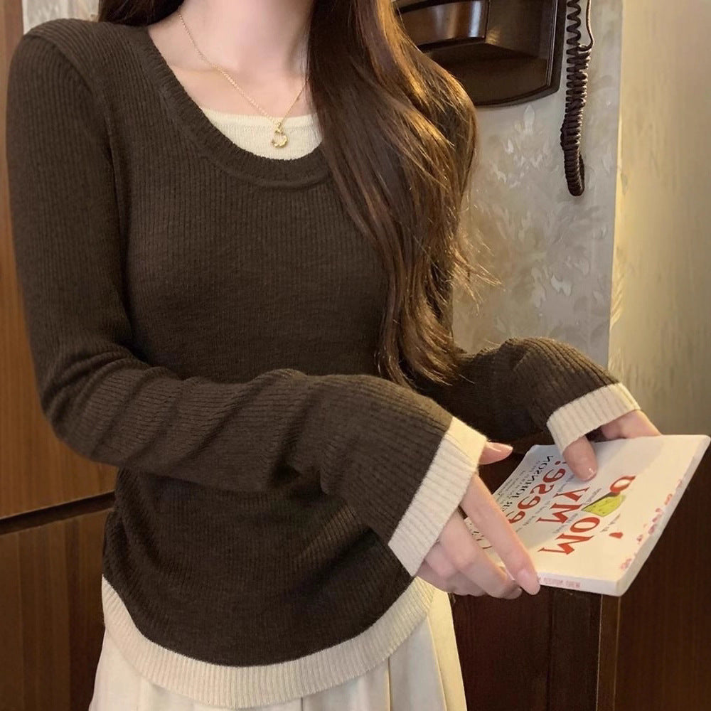 Fake Two Drawstrings Folded Long-Sleeved Women Early Autumn New Thin Design Top