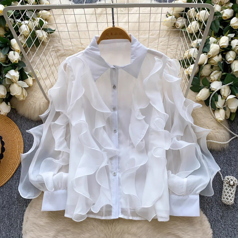 French Romantic Style Leaf Side Pink Shirt Female Spring Korean Version Of Loose Open Shirt Commuter High-End Feel