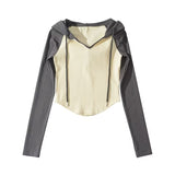 Pure Hot Babes Bumped Into The Shoulder Sleeve Rope Hooded Long Sleeves Straight T-Shirt Under The Curved T-Shirt