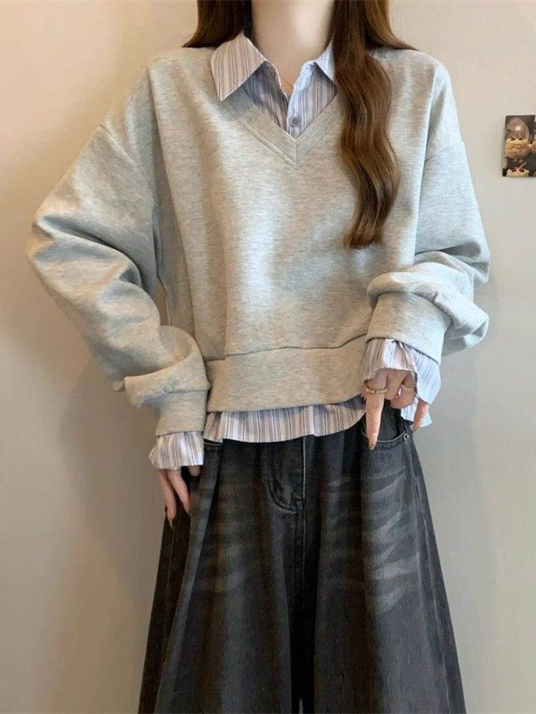 Shirt Splicing Fake Two Women's Spring And Autumn Large-Size Micro-Fat Mm Thin Short College Style Polo Collar Top