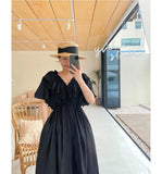 Korean Chic Summer Vintage V-Neck Drawstring Tethered With Wooden Ear Lotus Leaves Folded Waist Flying Sleeve Dress Woman