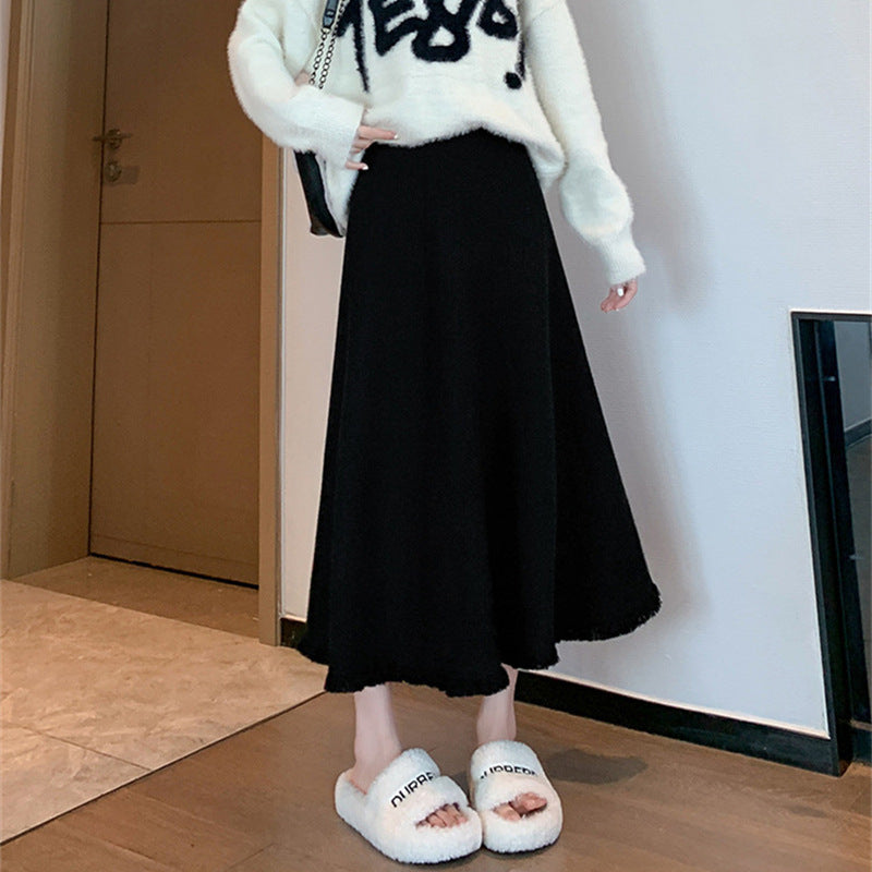 KANING Ray Knitted Half-Dress Women's Autumn And Winter New High-Rise Slim Solid Dress Mid-Long Skirt